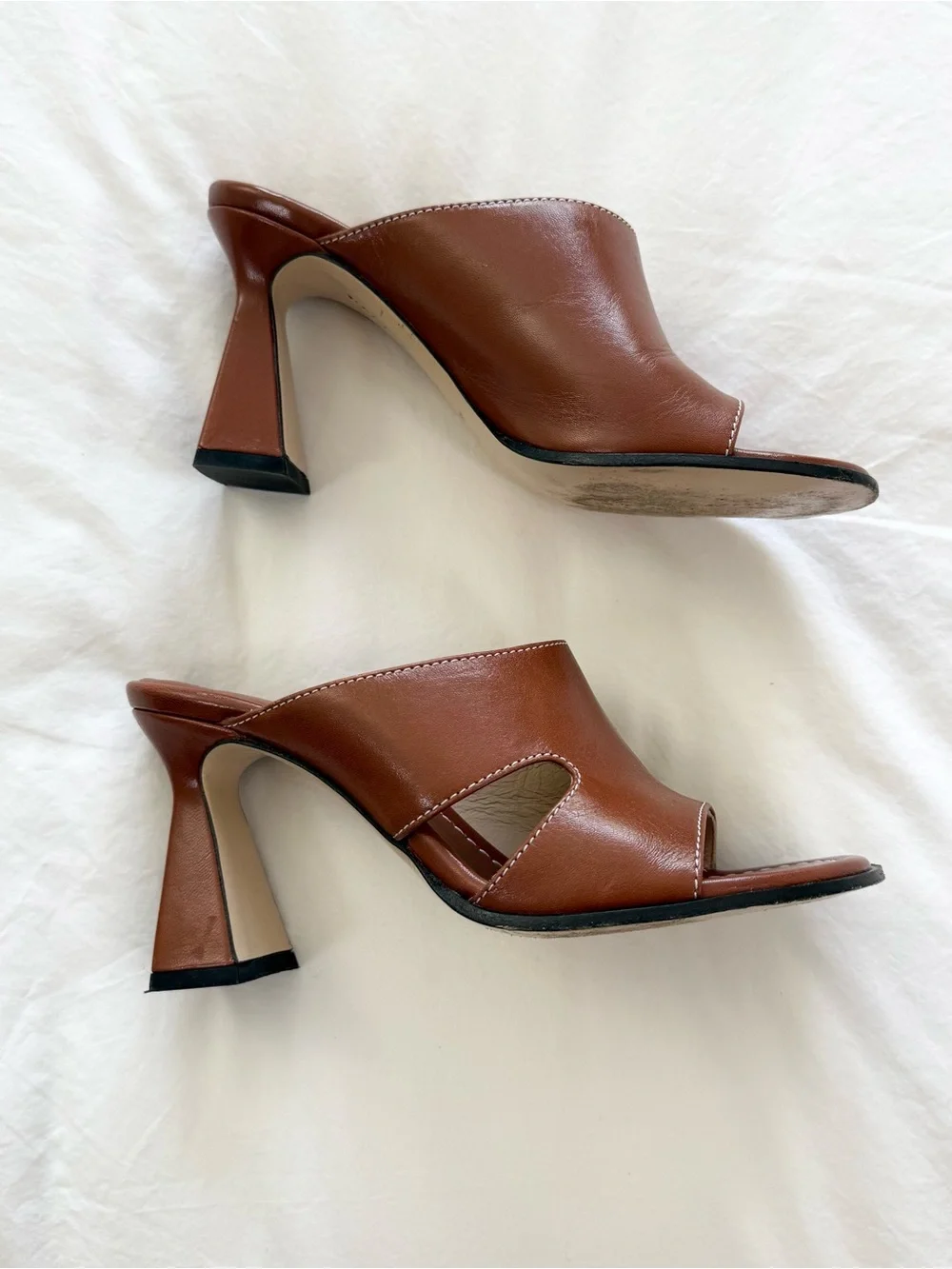 Wandler Isa Leather Mule Heels Brown EU 35 Square Toe Cutout Slide Sandals